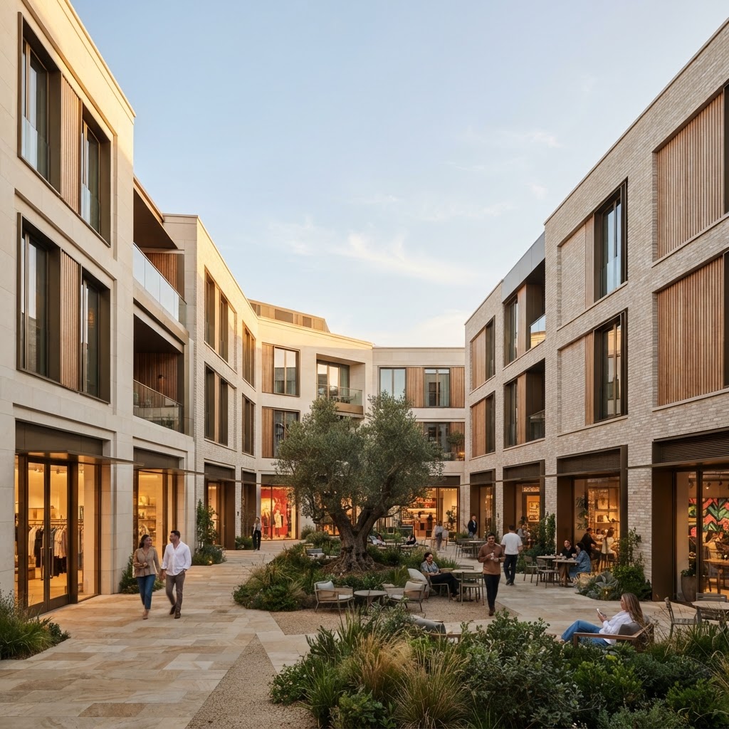 Conceptual mixed-use development with warm brick facades and a landscaped courtyard