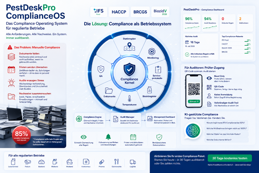 PestDeskPro ComplianceOS Infografik: Compliance Kernel mit Modulen, Dashboard, Prüfer-Zugang und KI-gestützter Compliance