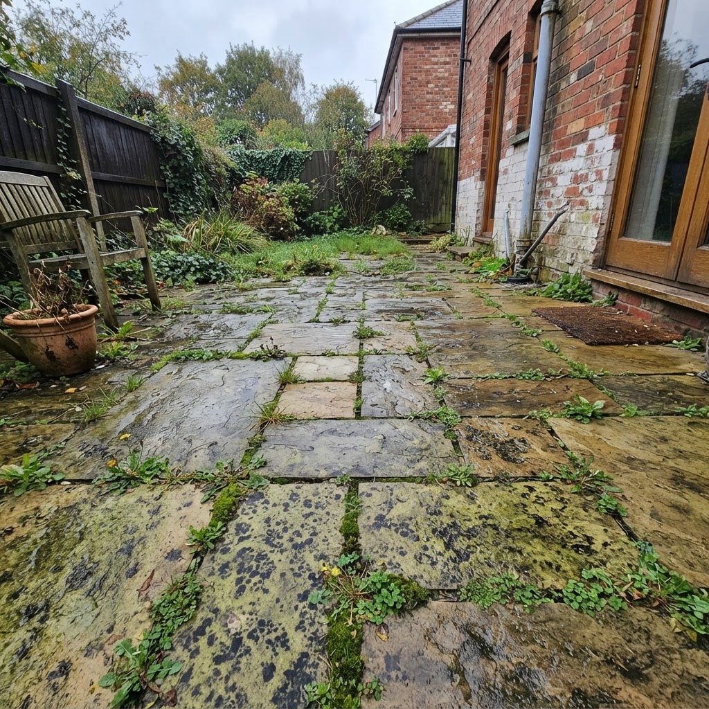 Before - Indian Sandstone Patio Restoration in Newcastle-under-Lyme