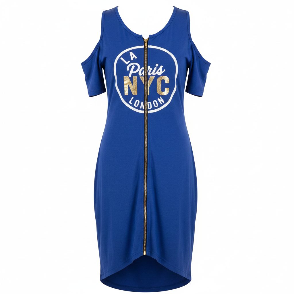 Royal Blue Cold Shoulder NYC Graphic Zip-Front Dress