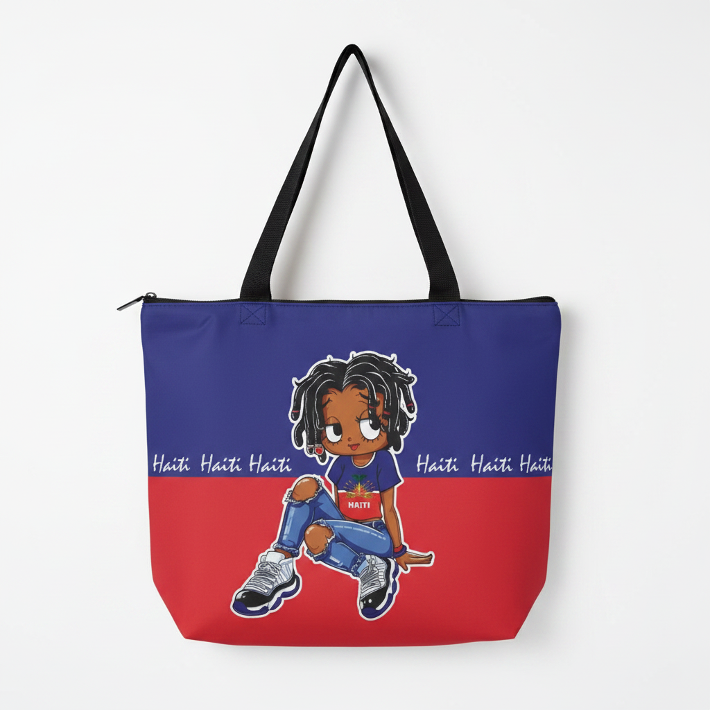 Haiti Cartoon Girl Tote Bag – Blue & Red with 'Haiti' Band
