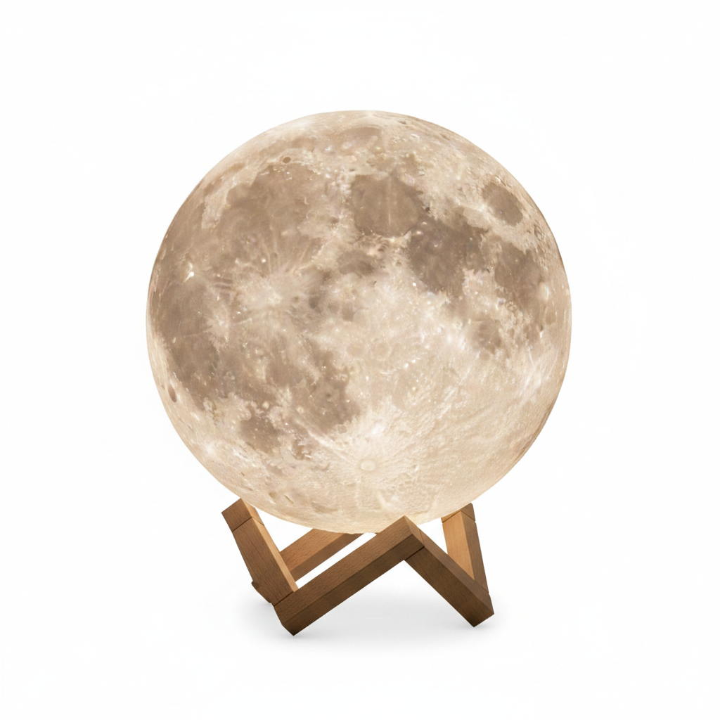 3D Moon Lamp with Wooden Stand – Warm White Glow
