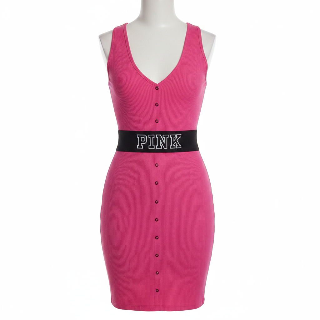 Hot Pink Ribbed 'PINK' Logo Button-Front Bodycon Dress