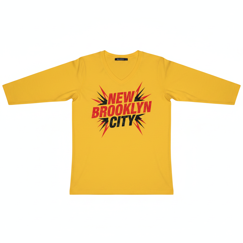 Yellow Long Sleeve V-Neck 'New Brooklyn' Graphic Tee
