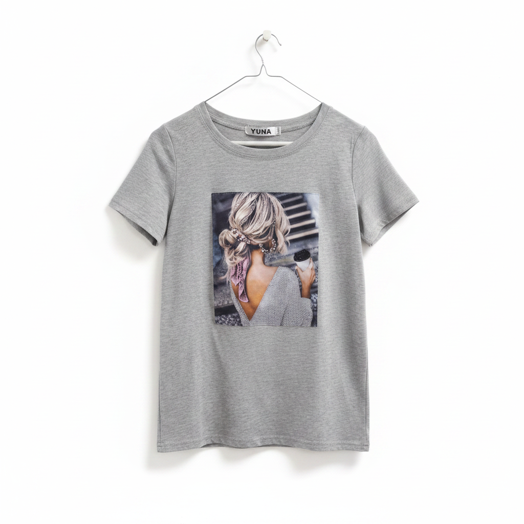 YUNA Grey Fashion Graphic T-Shirt – Glam Lady