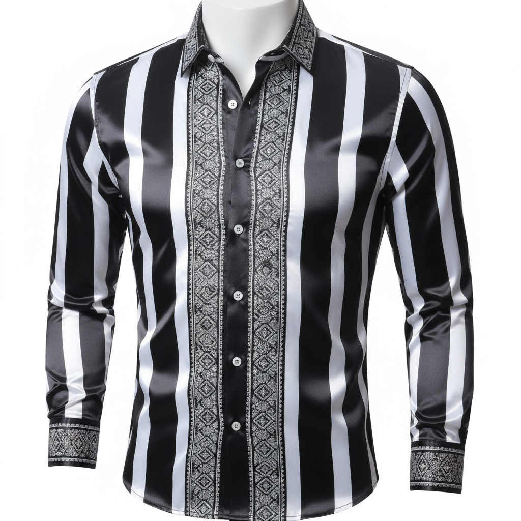 Men's Luxury Satin Stripe Embroidered Dress Shirt – Black & White
