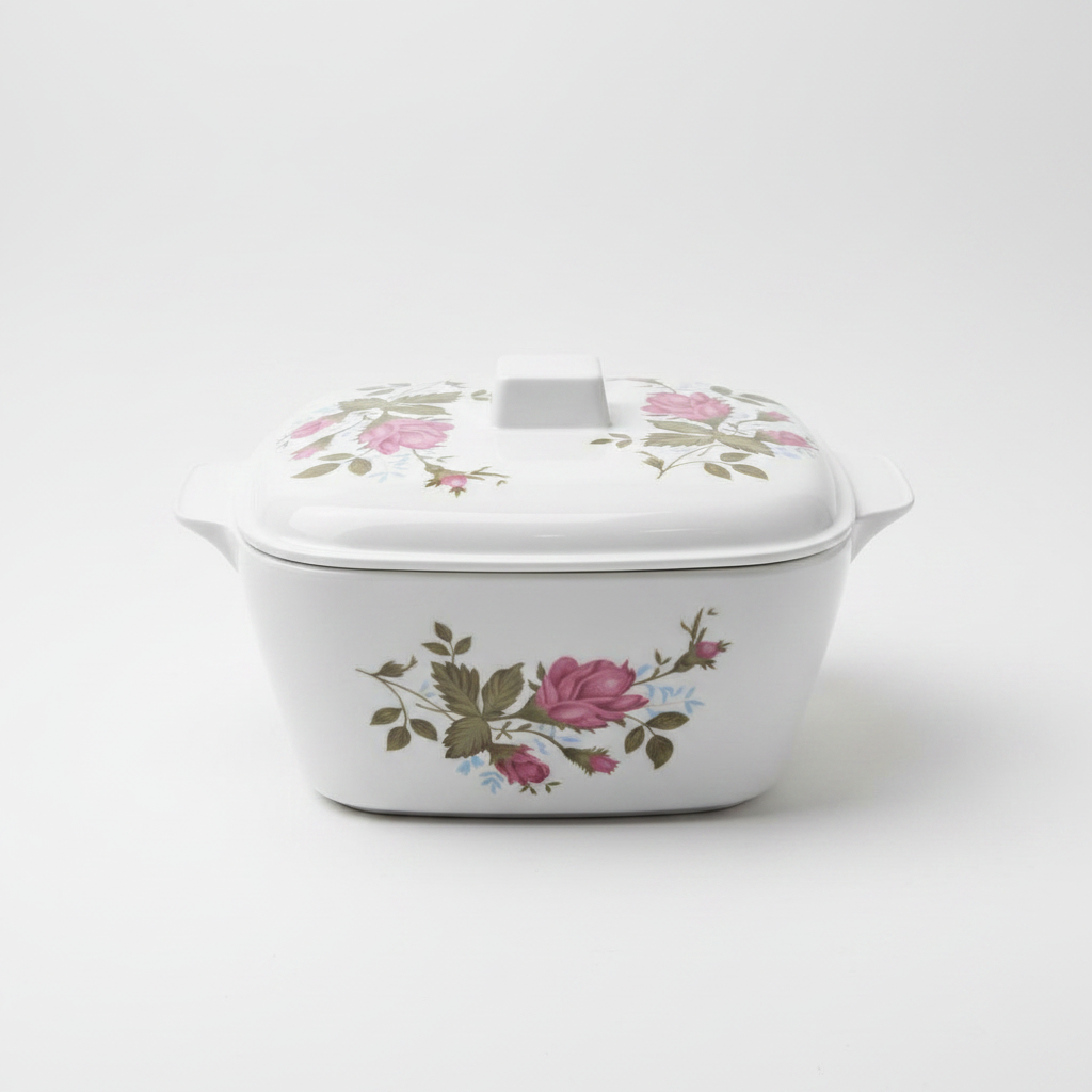 White Floral Rose Ceramic Casserole Dish with Lid