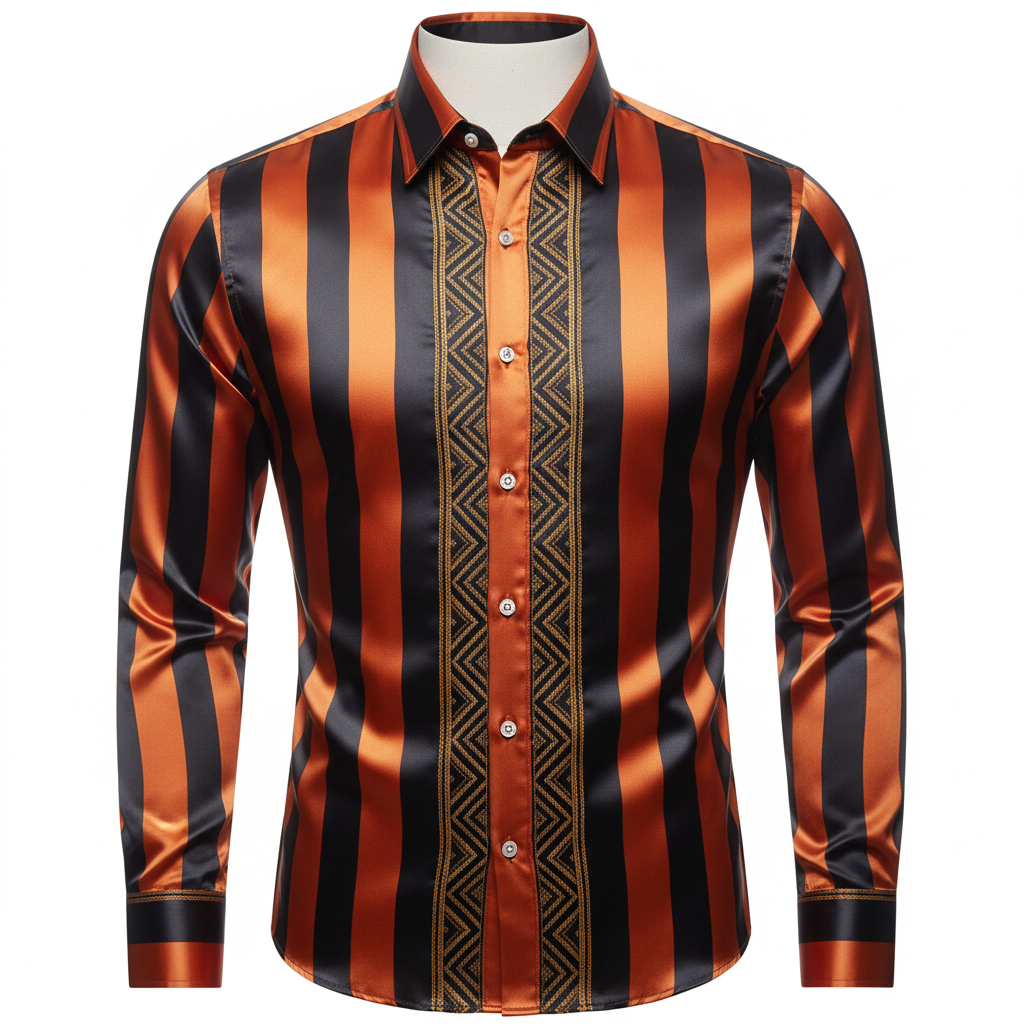 Men's Luxury Satin Stripe Embroidered Dress Shirt – Black & Orange