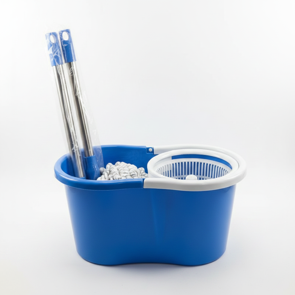 Blue & White Spin Mop Bucket Set with Microfiber Mop Head