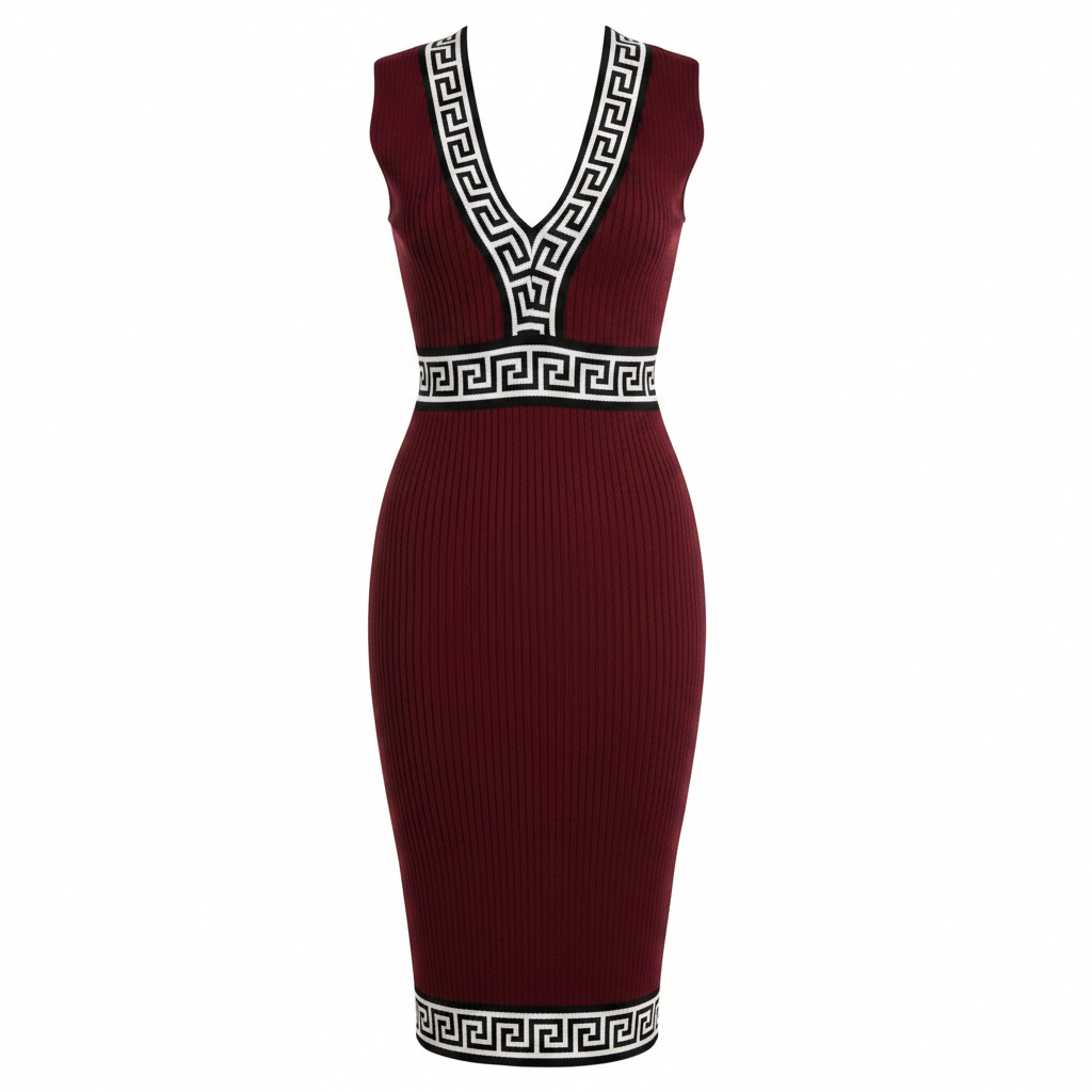 Burgundy Ribbed Knit Greek Key Trim Bodycon Midi Dress
