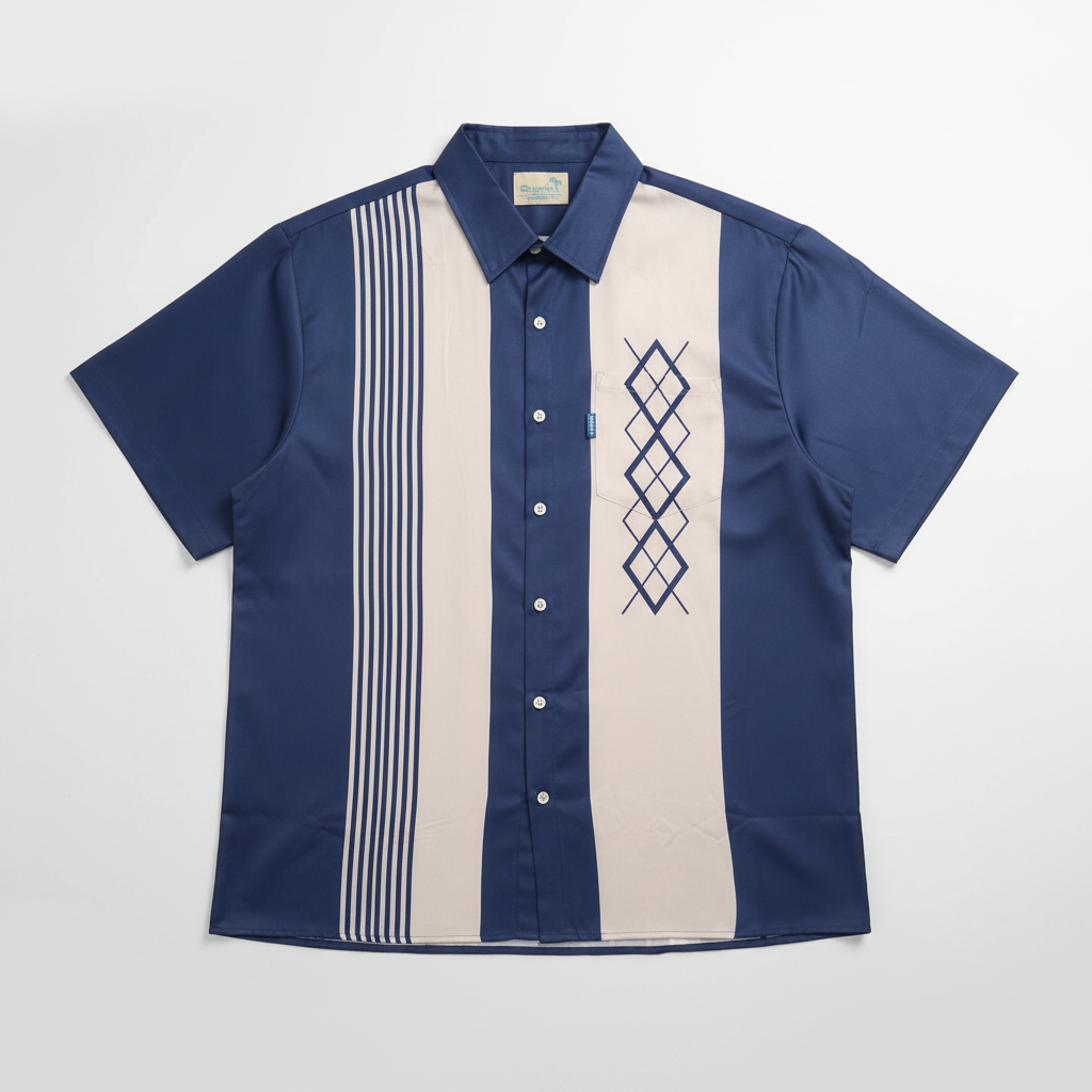 Royaura Retro Bowling Shirt – Navy & Beige Diamond