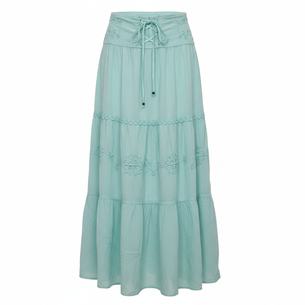 Mint Green Boho Tiered Maxi Skirt