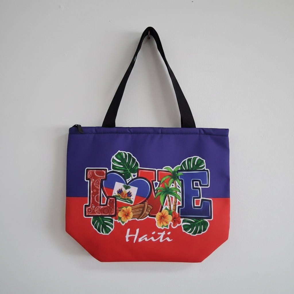 Haiti 'LOVE Haiti' Tote Bag – Blue & Red with Tropical Design