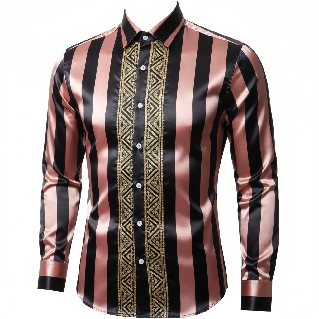 Men's Luxury Satin Stripe Embroidered Dress Shirt – Black & Rose Pink