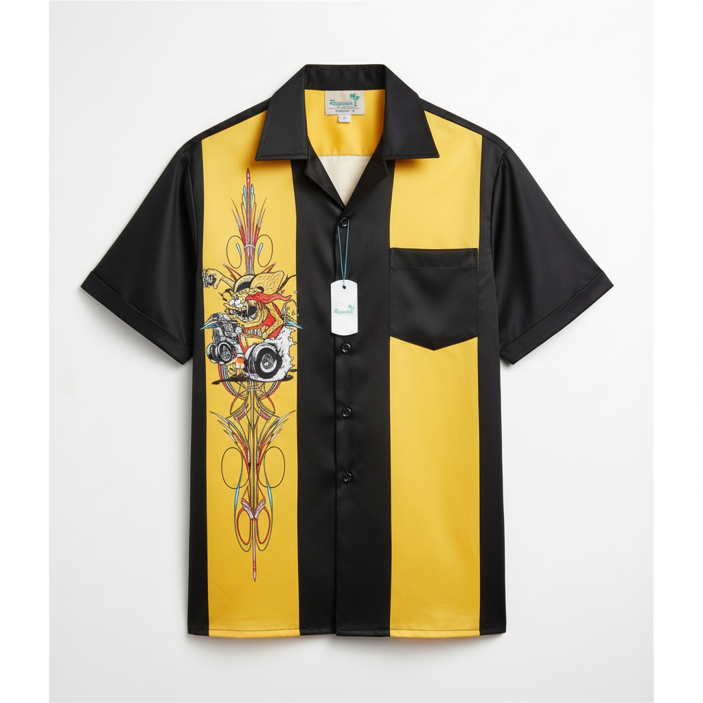 Royaura Retro Bowling Shirt – Yellow & Black Hot Rod
