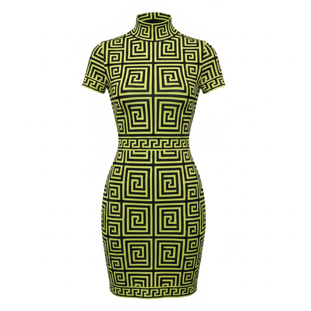 Yellow & Black Geometric Maze Print Bodycon Mini Dress