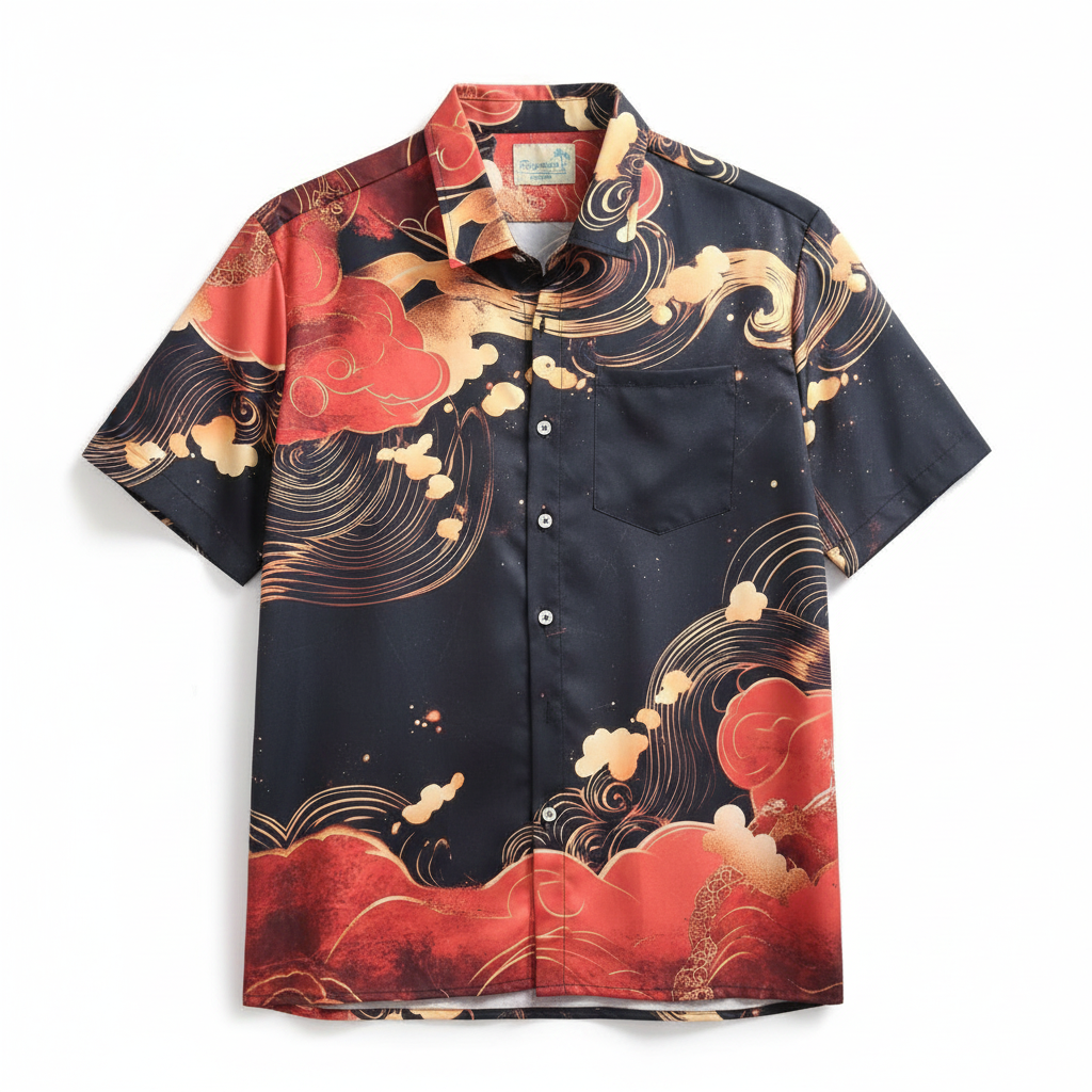 Royaura Japanese Cloud & Wave Print Shirt