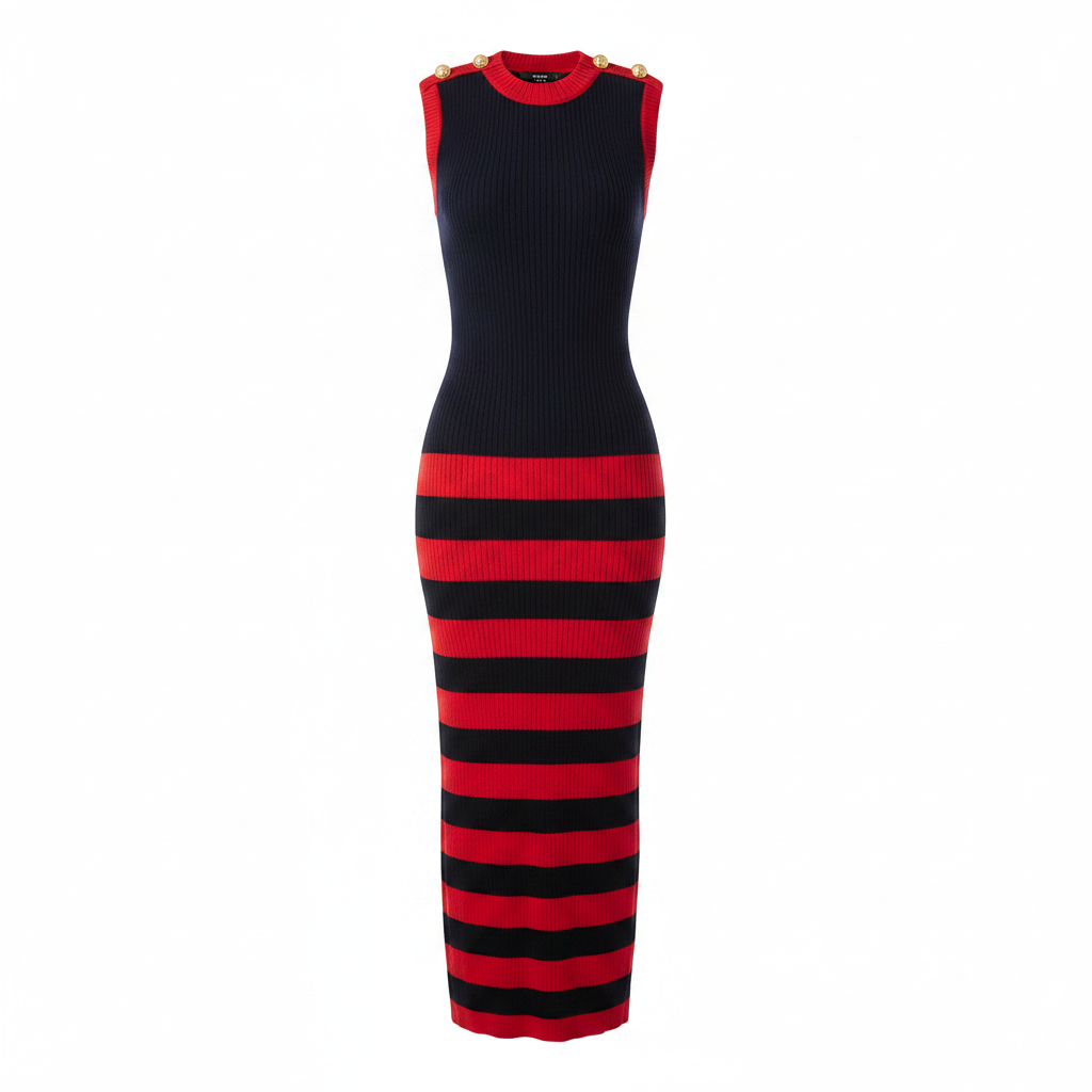 Navy & Red Striped Ribbed Knit Maxi Tank Dress