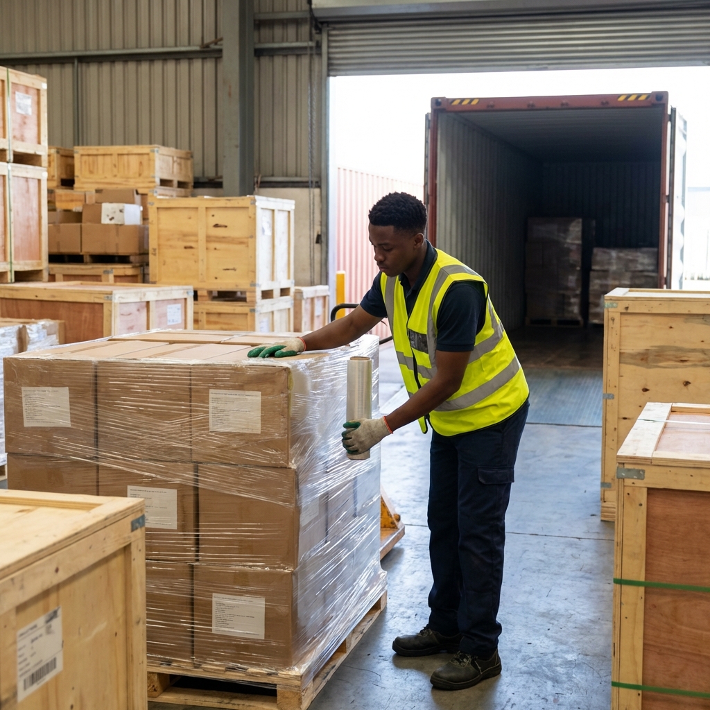Sea freight cargo being prepared in a UK warehouse for shipping to Nigeria