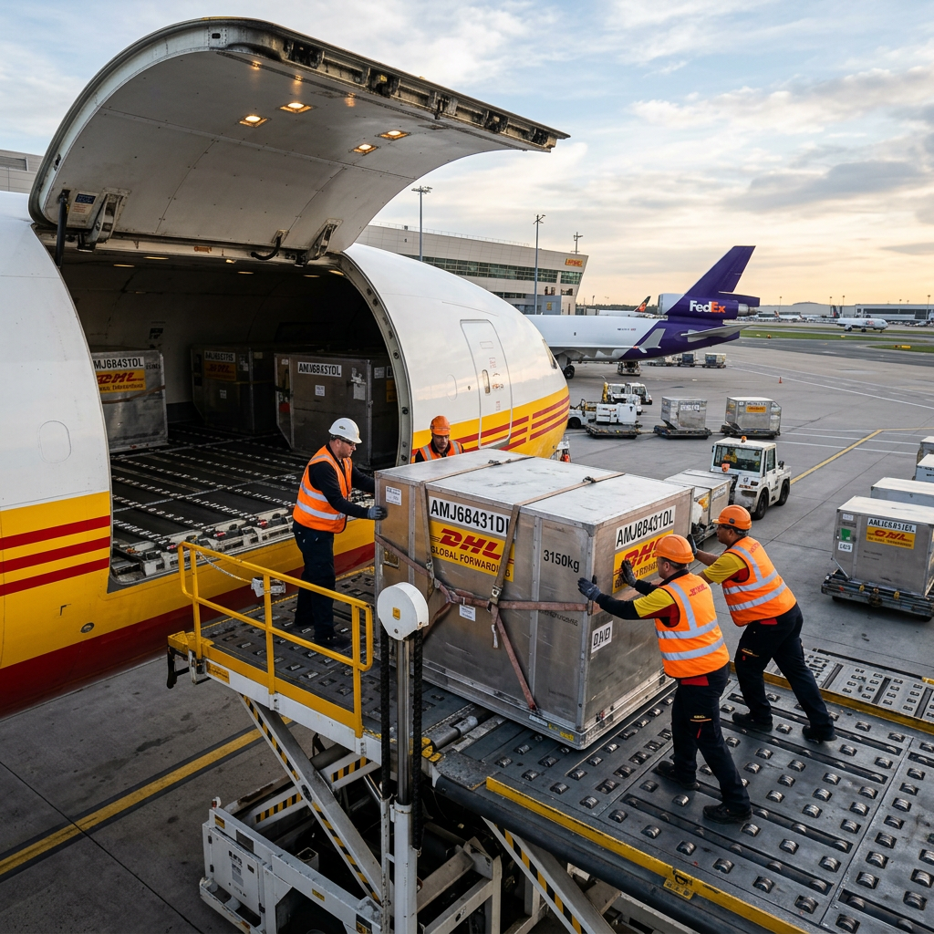 Air freight cargo loading at airport for UK to Nigeria transit
