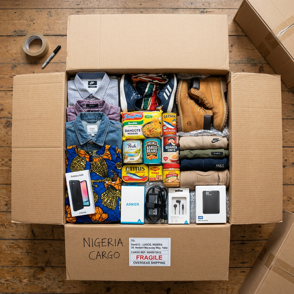Packing a cargo box with clothes and goods to send from UK to Nigeria