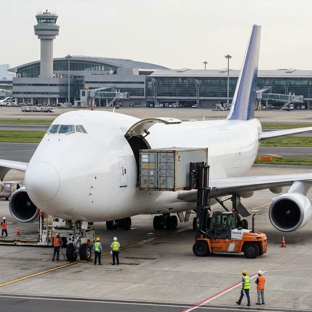 Air freight cargo plane being loaded for UK to Nigeria shipments