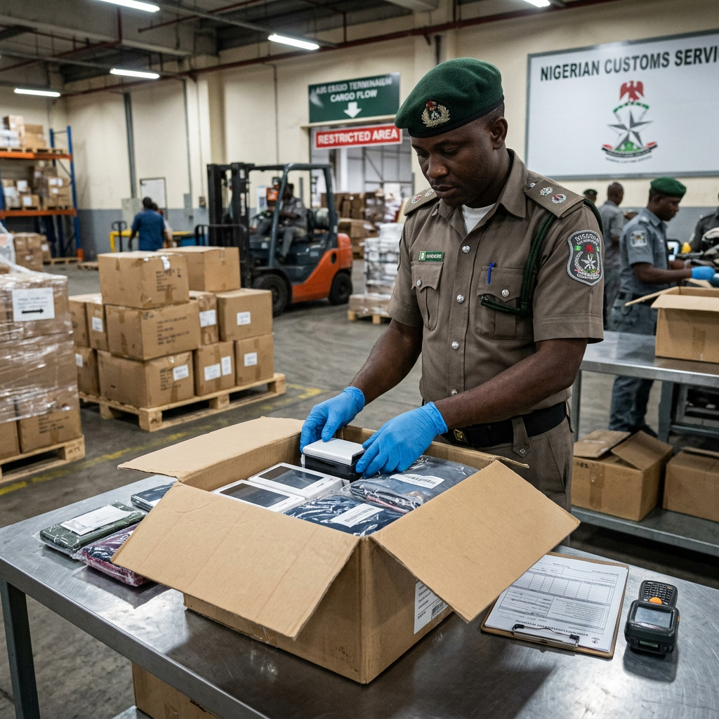 Customs officer inspecting cargo box for prohibited items Nigeria shipping