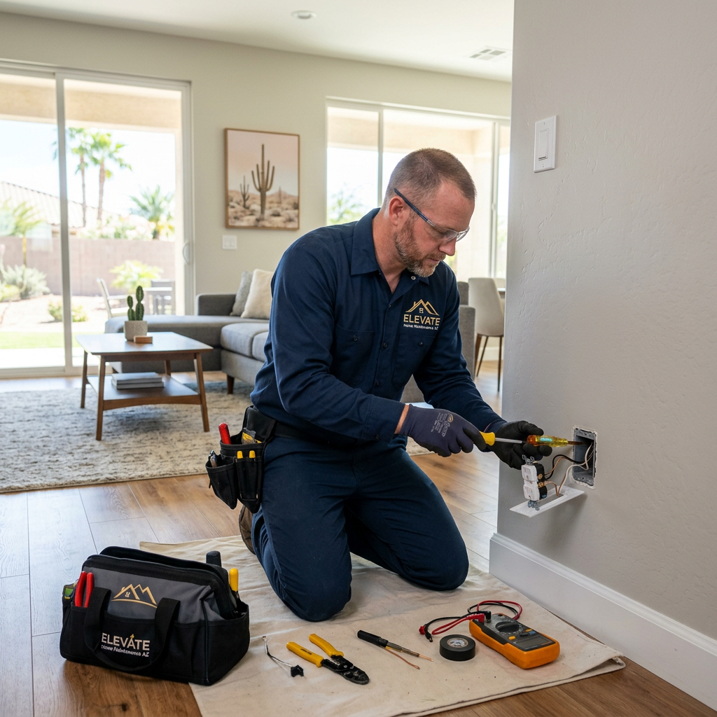 Elevate Home Maintenance AZ handyman doing electrical outlet work in Litchfield Park Arizona home