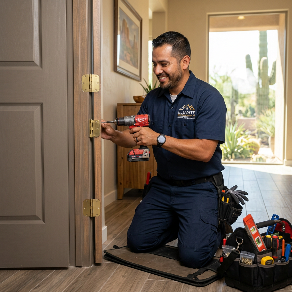 Elevate Home Maintenance AZ handyman fixing door hinge general home repair in Arizona