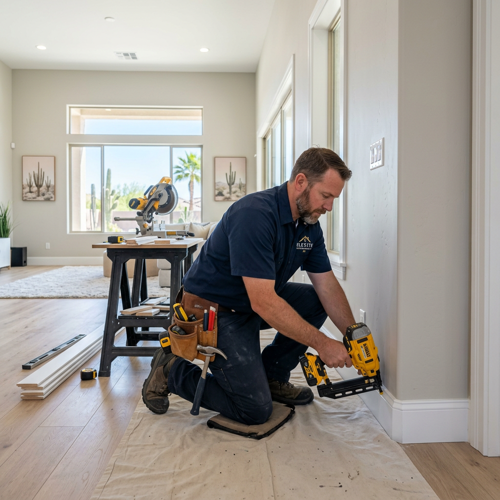 Elevate Home Maintenance AZ handyman installing carpentry trim and baseboards in Arizona home