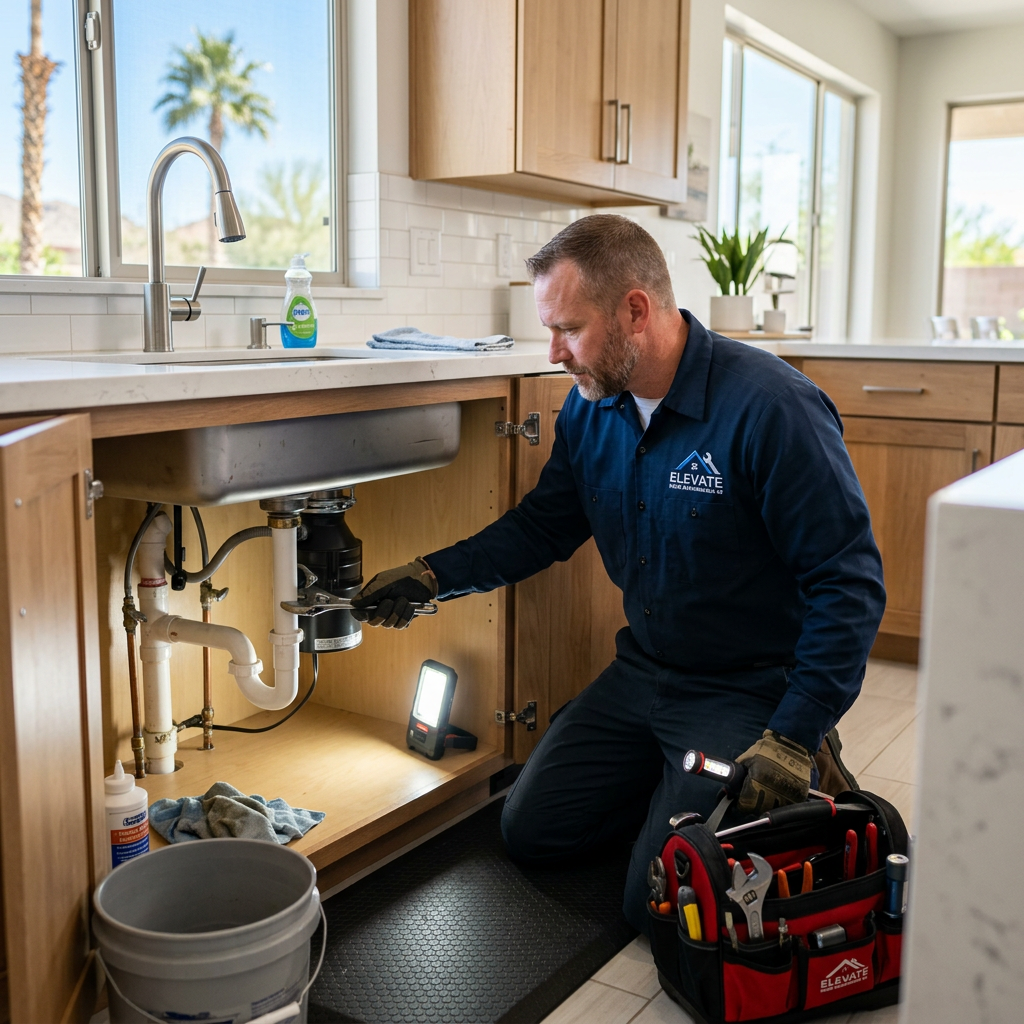 Elevate Home Maintenance AZ handyman performing plumbing repair under kitchen sink in Litchfield Park Arizona
