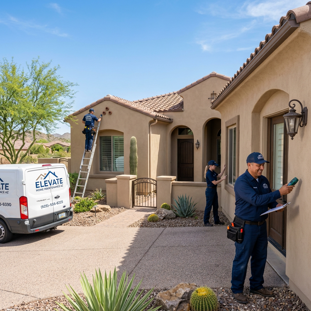 Elevate Home Maintenance AZ team performing routine home maintenance on Arizona home exterior in Litchfield Park
