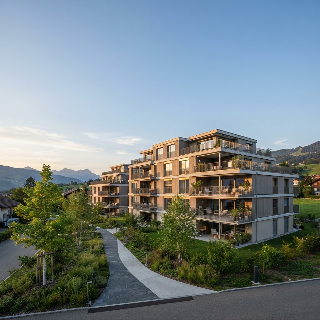 Modernes Wohngebäude in der Schweiz zur goldenen Stunde