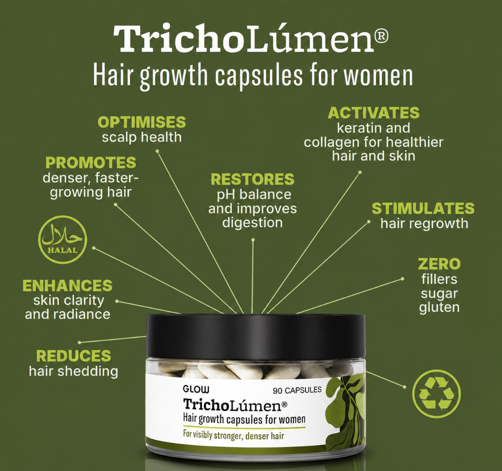 TrichoLúmen® for Women — benefits infographic with postpartum hair shedding and skin radiance callouts