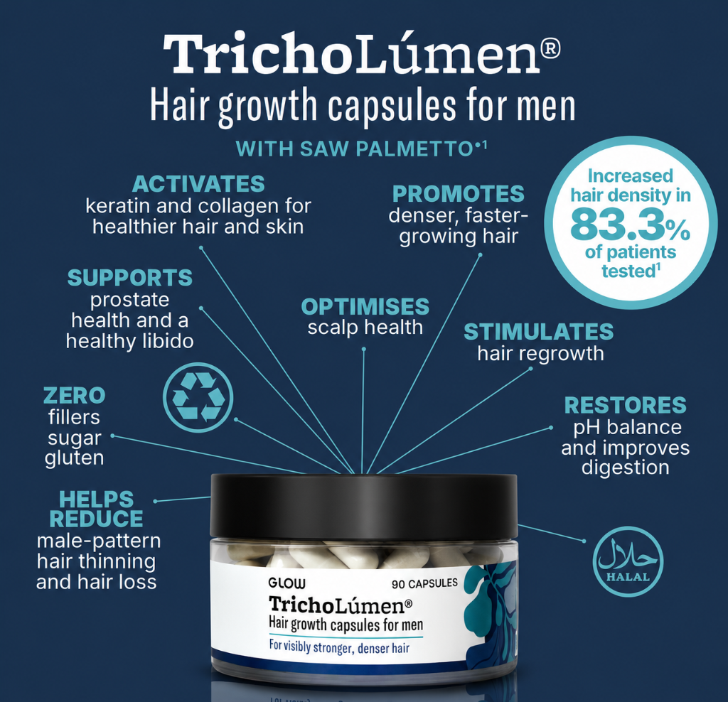 TrichoLúmen® for Men — benefits infographic with 83.3% hair density clinical result
