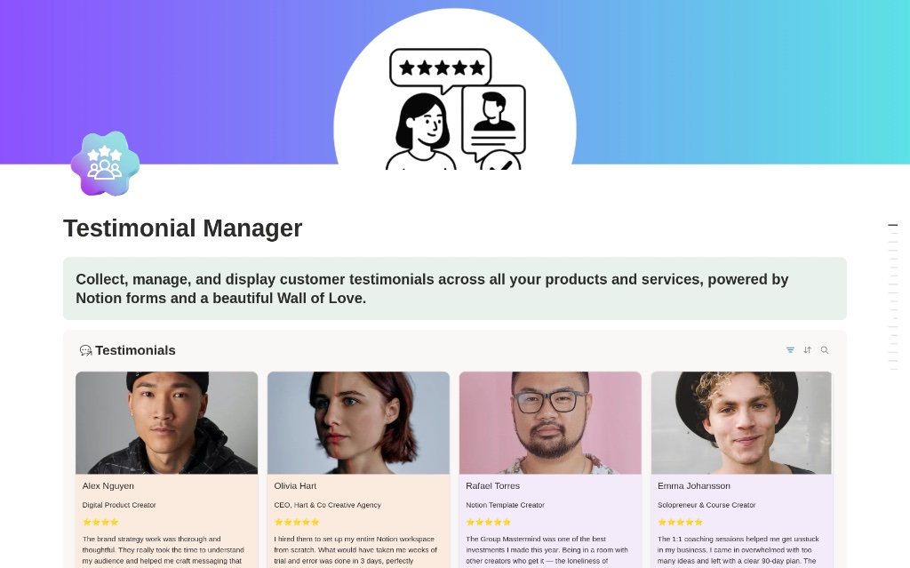 Testimonial Manager Notion template showing a Wall of Love gallery of client testimonials with ratings