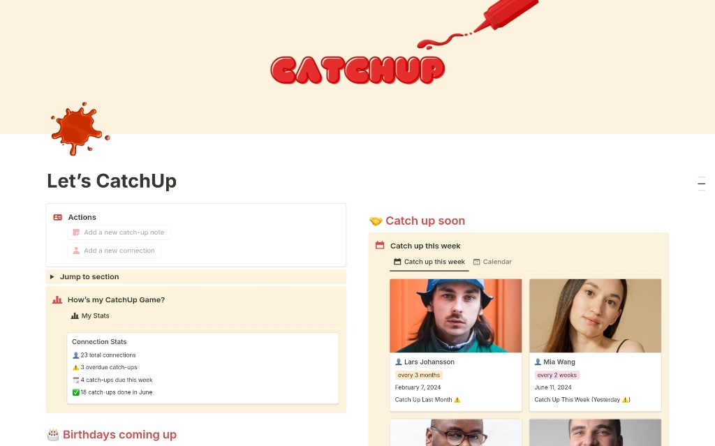 CatchUp Personal CRM Notion template showing upcoming catch-ups with people and connection stats