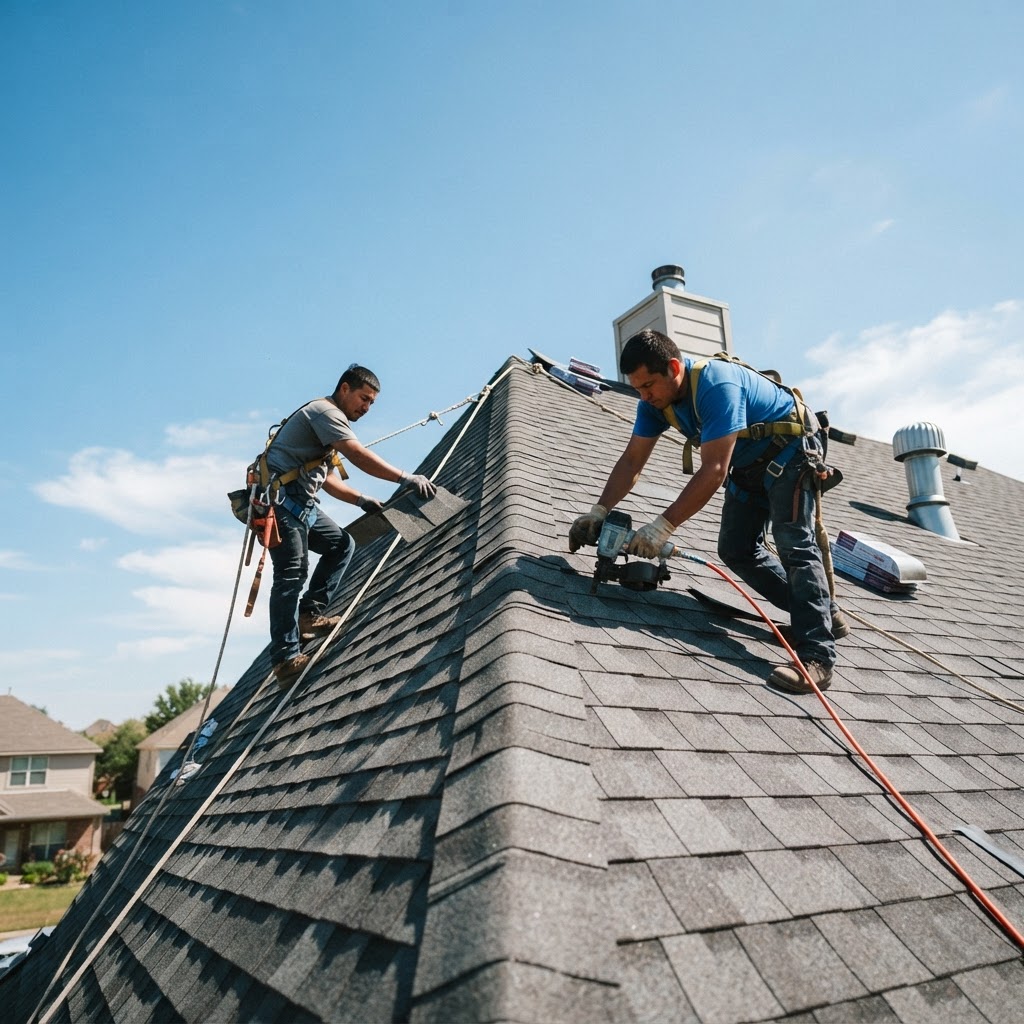 Roofing crew at work