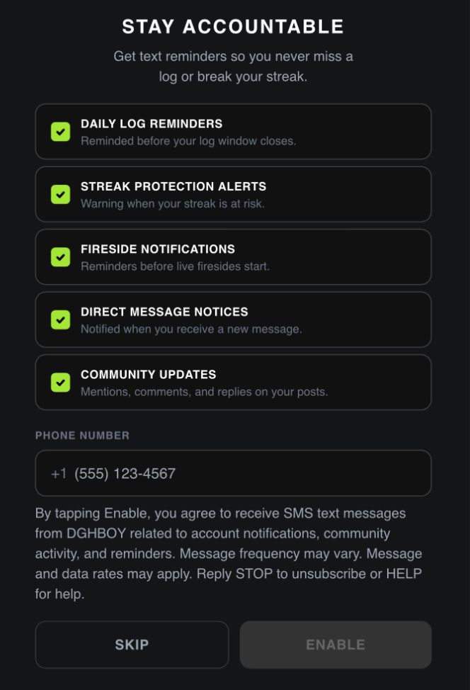 DGHBOY SMS opt-in modal showing phone number entry, notification categories, consent text, and Enable/Skip buttons