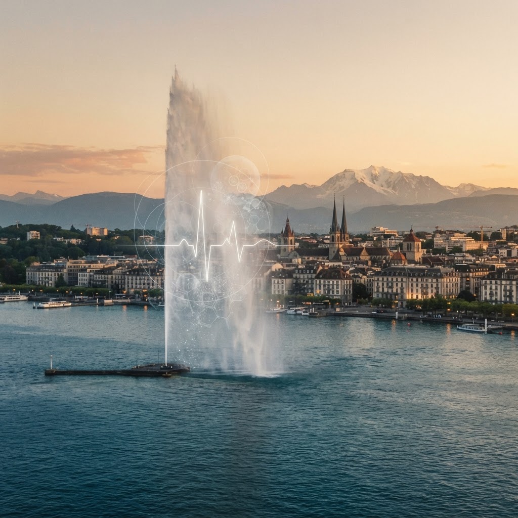 Geneva and the Jet d’Eau on Lake Léman, with cardiac and cellular motifs