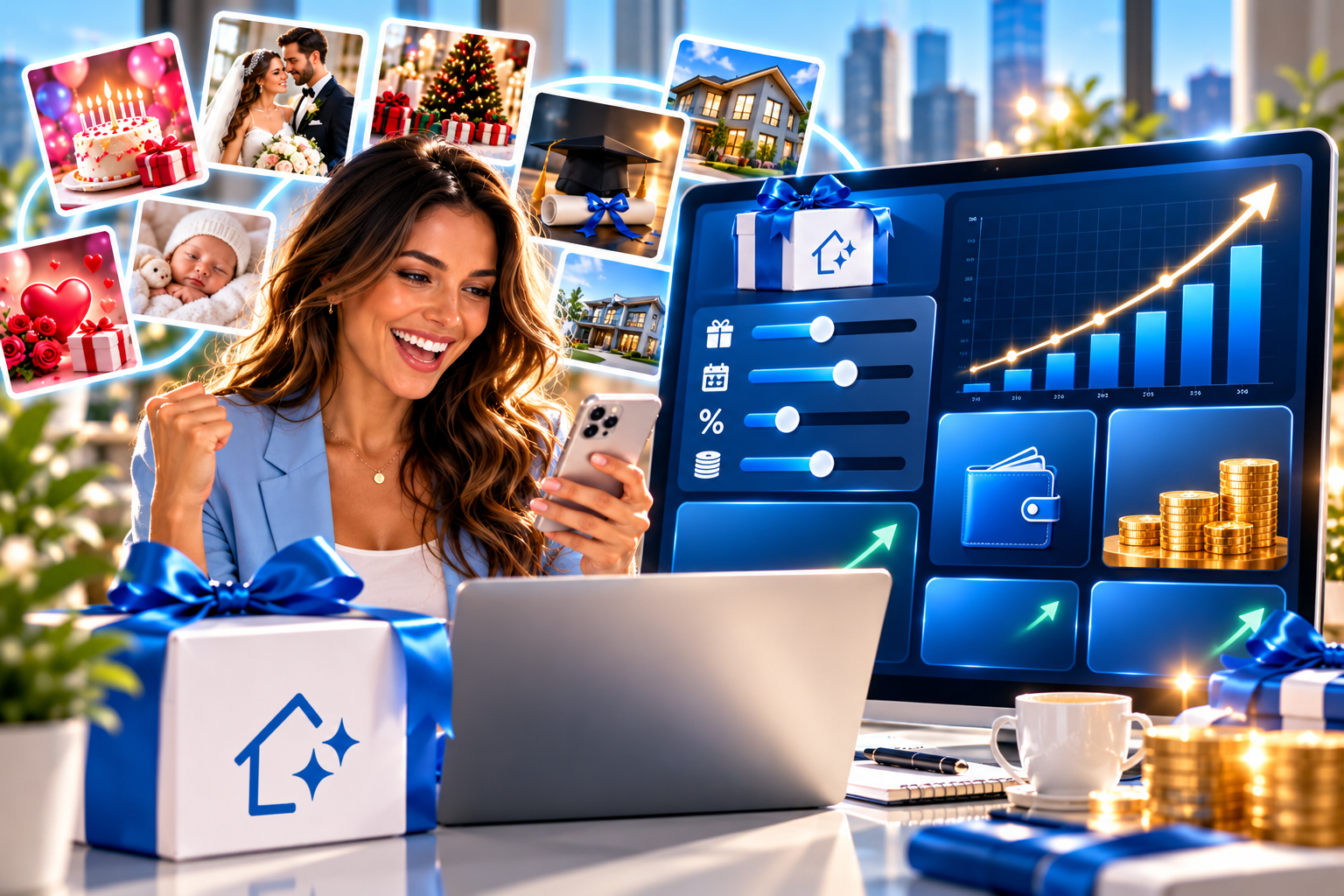 Reseller celebrating potential earnings growth with a digital earnings dashboard