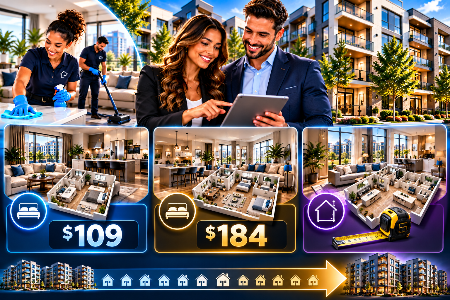 SimpleCleanz FLEX pricing tiers — 1-2 bedroom, 3-4 bedroom, and custom pricing for larger units
