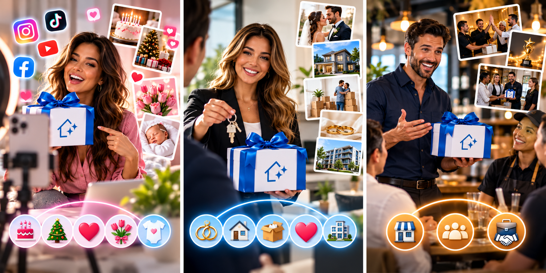 Three partner types: social media influencers, real estate and leasing professionals, and business and community promoters — each celebrating gift-giving connections