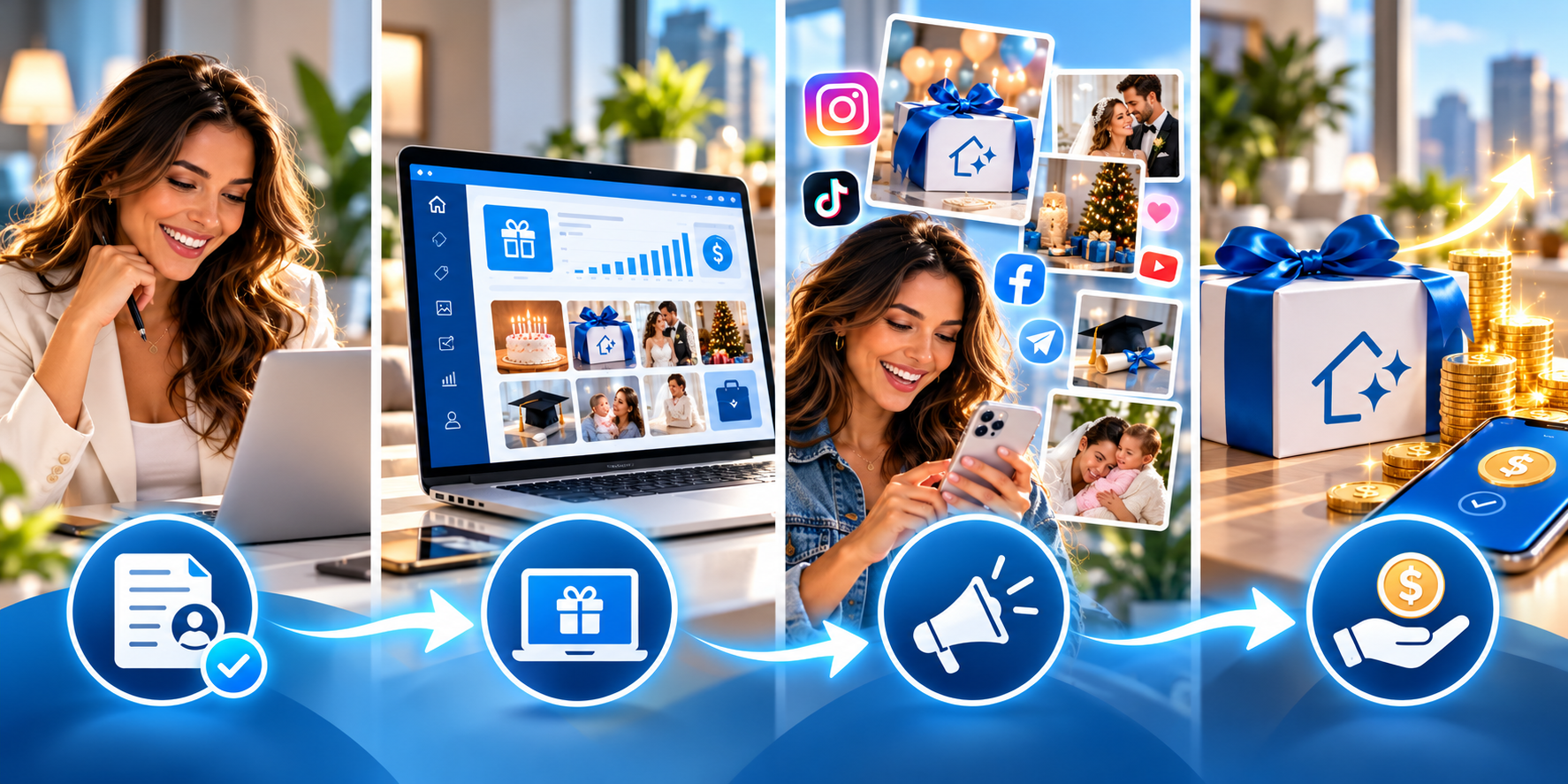 From Application to Payout — four-step process: apply, receive dashboard, promote campaigns, get paid