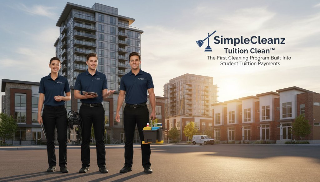 SimpleCleanz Tuition Clean Team - Professional cleaning technicians with student housing backdrop