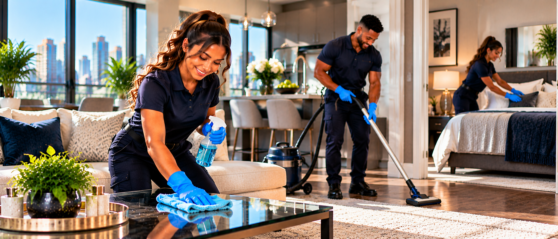 Professional SimpleCleanz cleaning team in a modern apartment