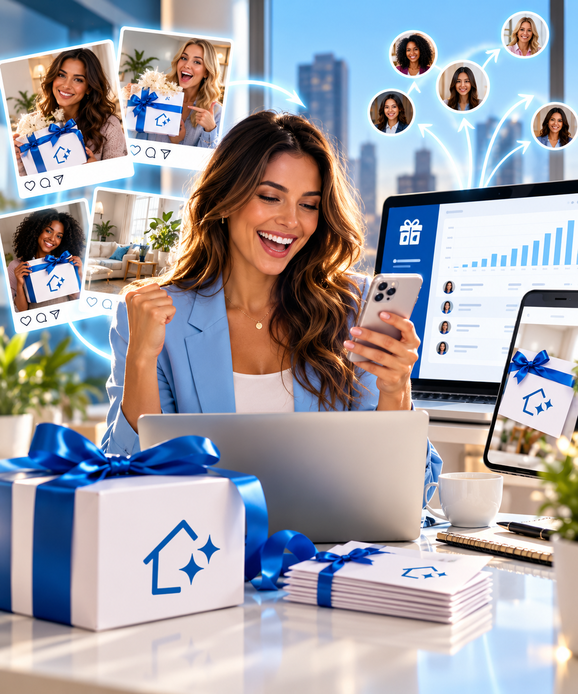 SimpleCleanz reseller promoting E-Gifts from anywhere — laptop, phone, gift boxes, and social media campaigns