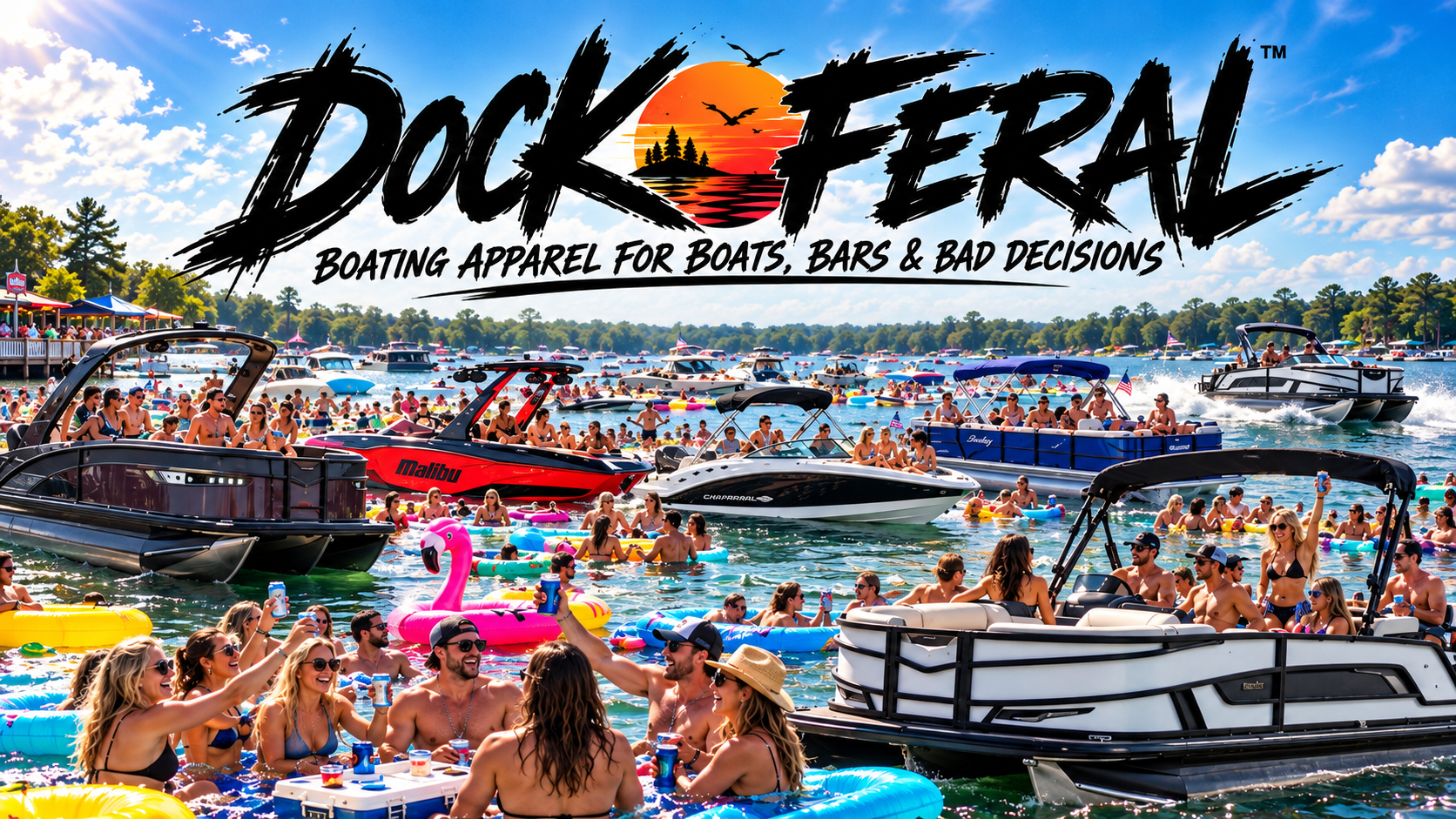 Dock Feral boating apparel - Lake County Boat Show sponsor logo over a crowded sandbar scene on the Chain O'Lakes