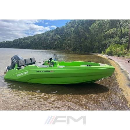 Lime green Sea Storm boat idling near shore