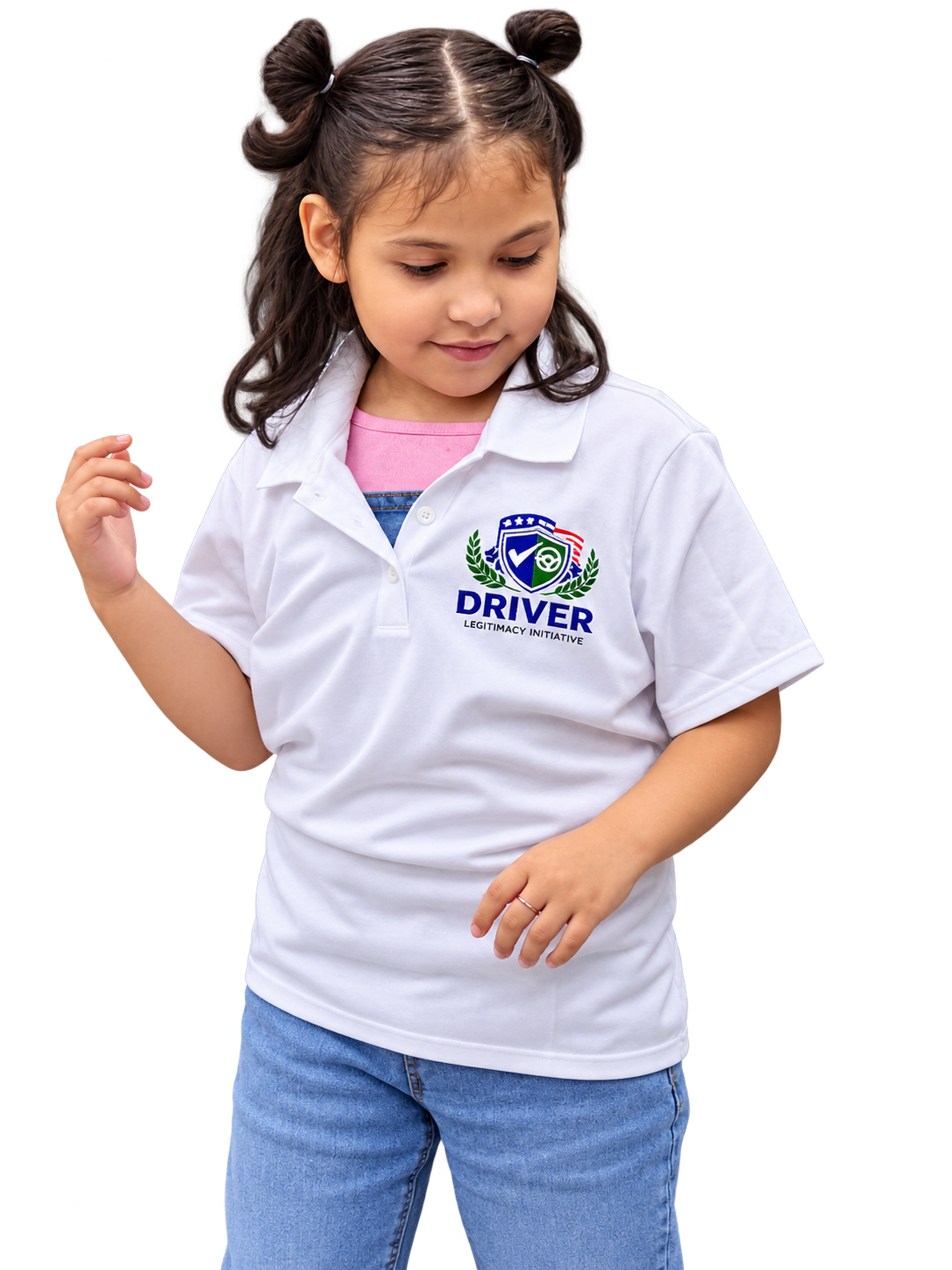 Dalilah wearing her Driver Legitimacy Initiative polo